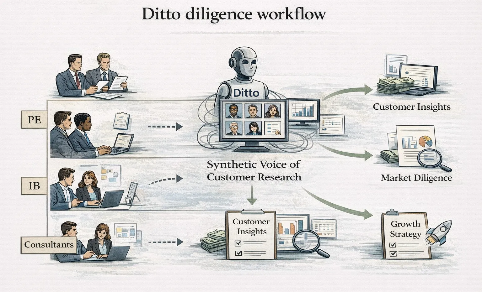 Ditto diligence workflow swimlane for private equity, investment banking, and consultants.