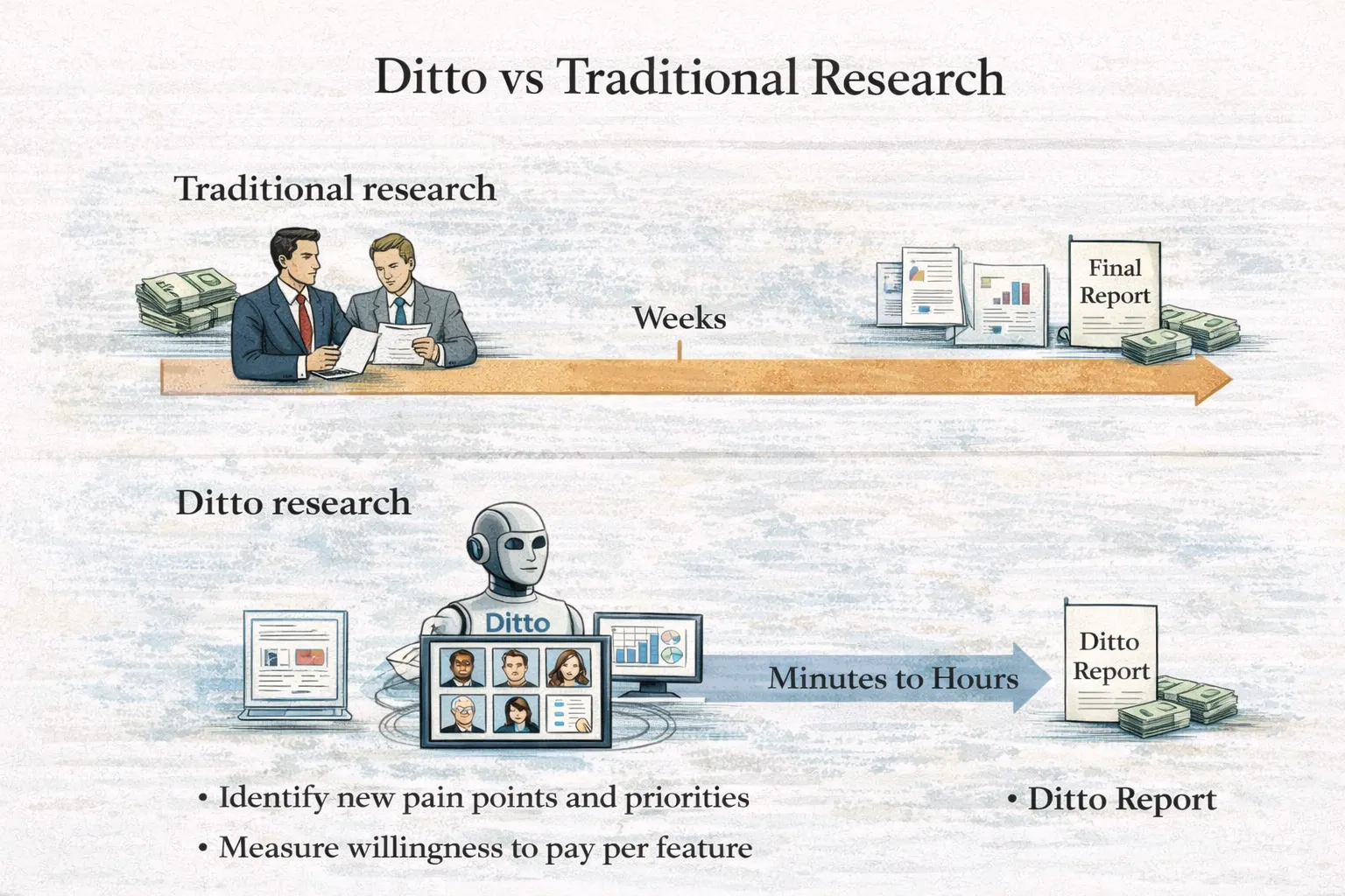 Ditto vs traditional research timeline comparing weeks to minutes.