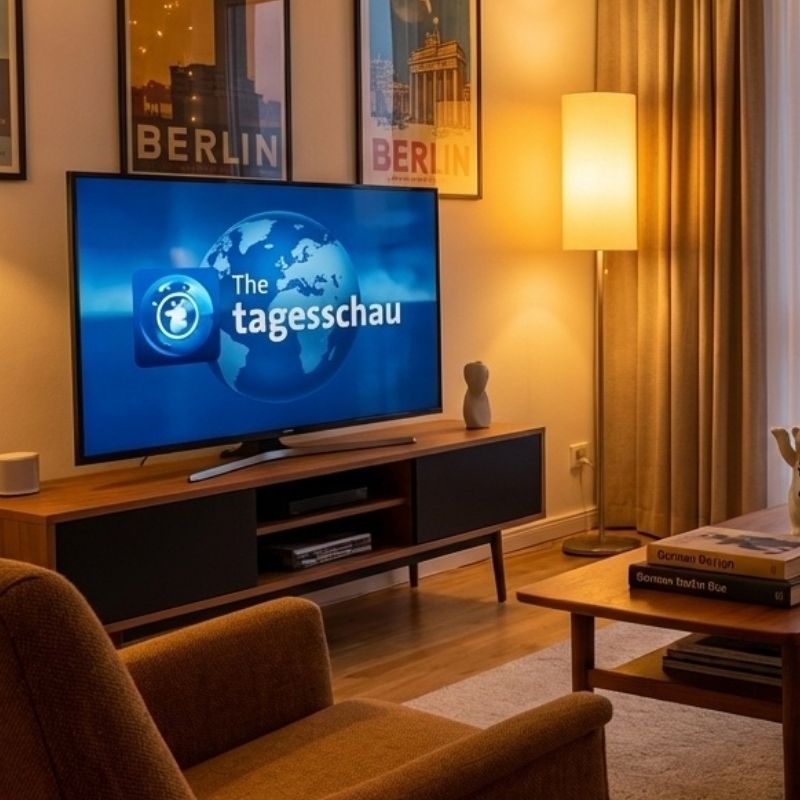 Berlin living room watching Tagesschau - German news consumption context
