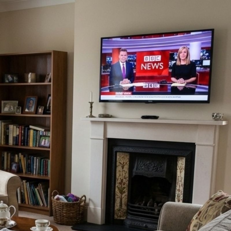 UK living room watching BBC News - British news consumption context